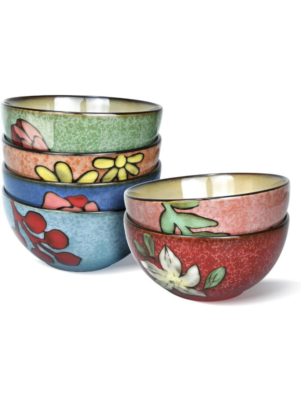 Floral Ceramic Cereal Bowls Set of 6 - 6" 28oz for Cereal, Salad, Soup & Snacks
